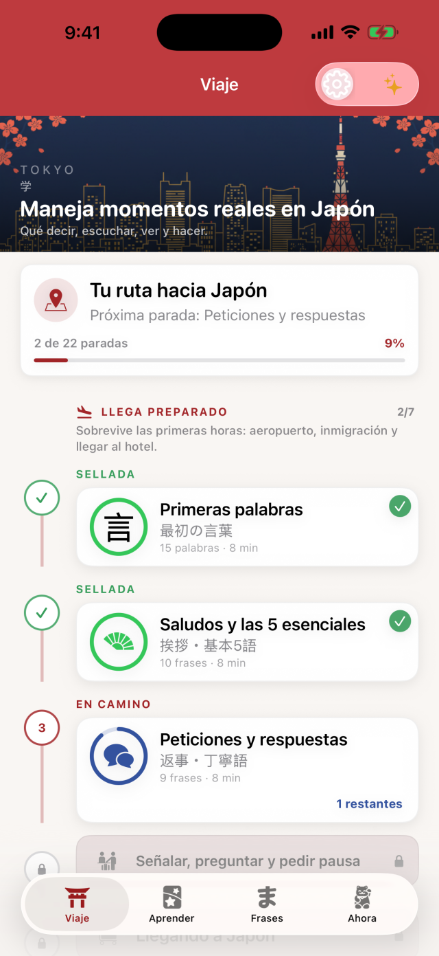 Pantalla de inicio de Arrive Japan en español