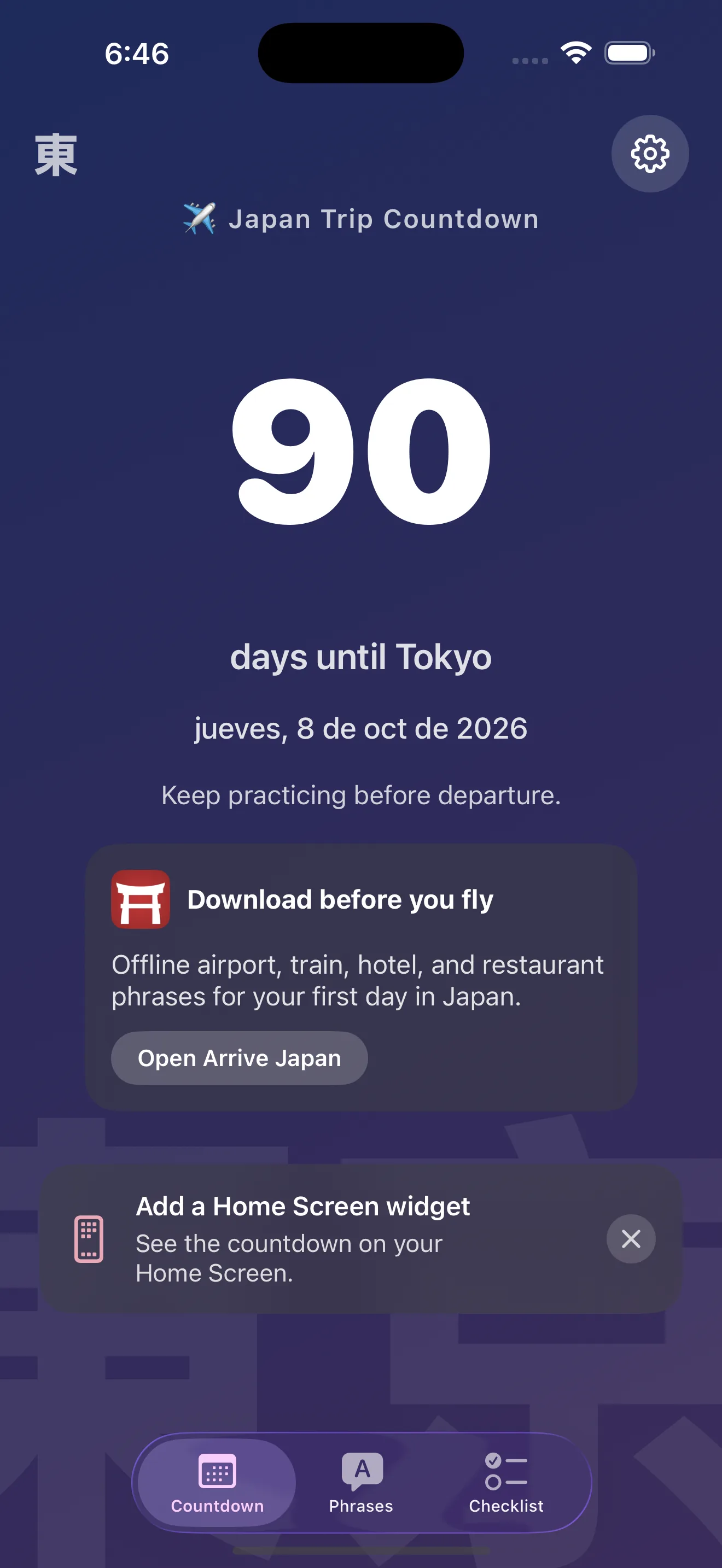 Japan Countdown app showing days until a Japan trip