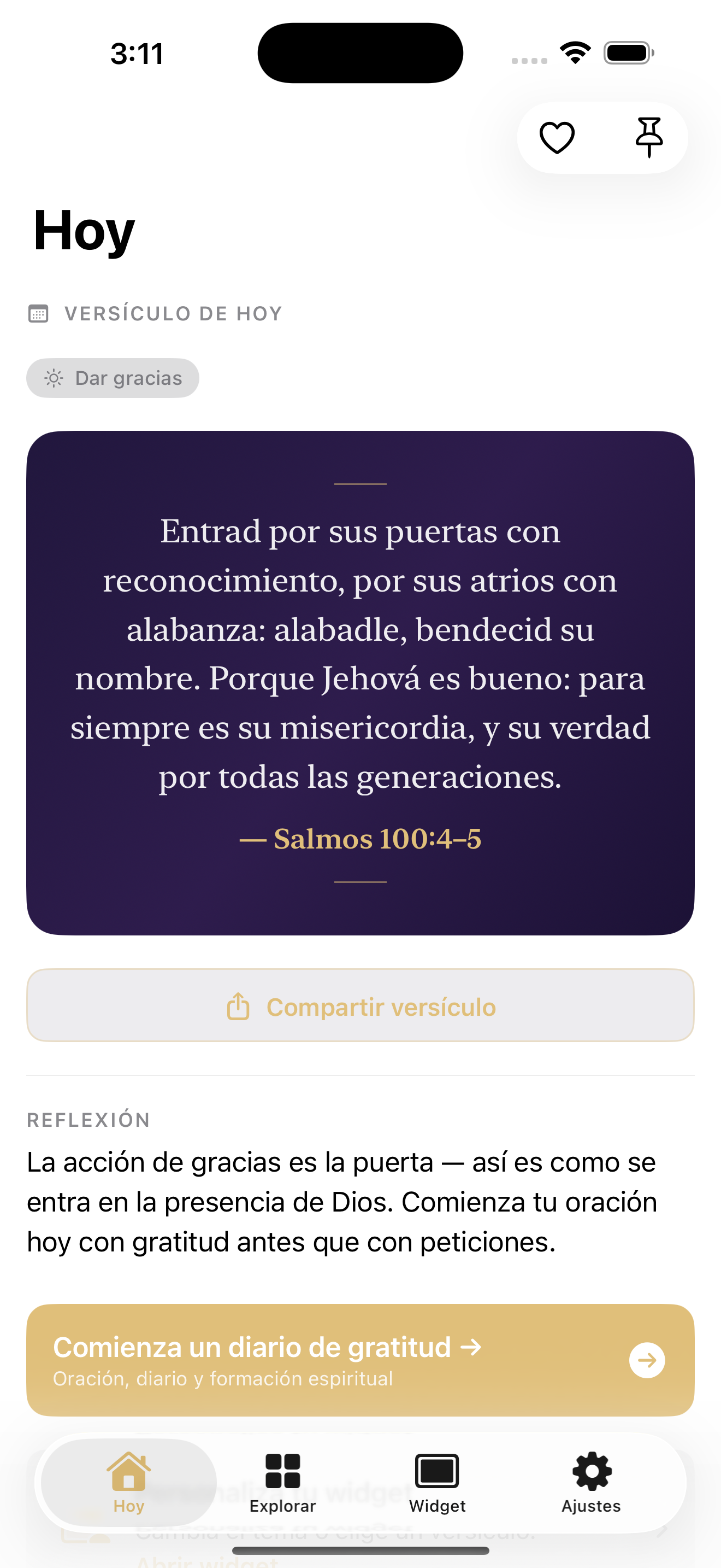 Pantalla principal de Versículo del Día