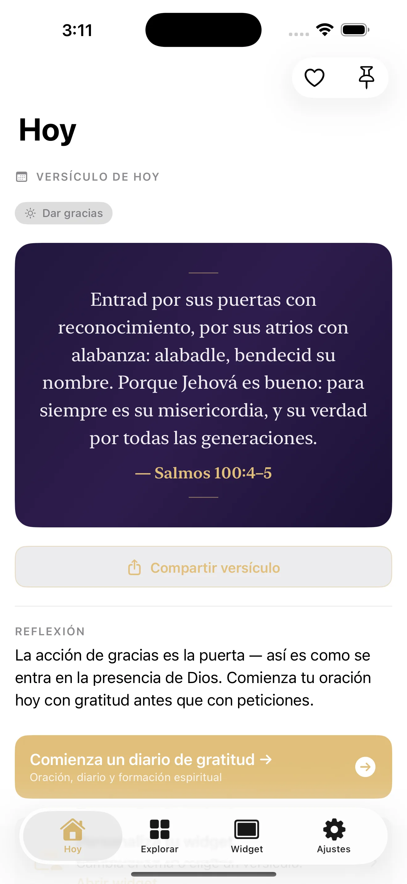 Pantalla principal de Versículo del Día